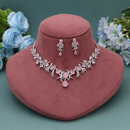Pink Color American Diamond Necklace Set Designed To Complement Elegant Ethnic Outfits