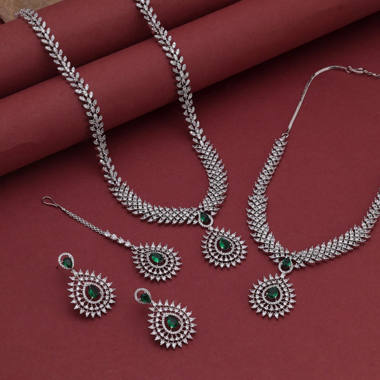 Green Color American Diamond Necklace Set Inspired By Traditional Indian Jewellery Aesthetics