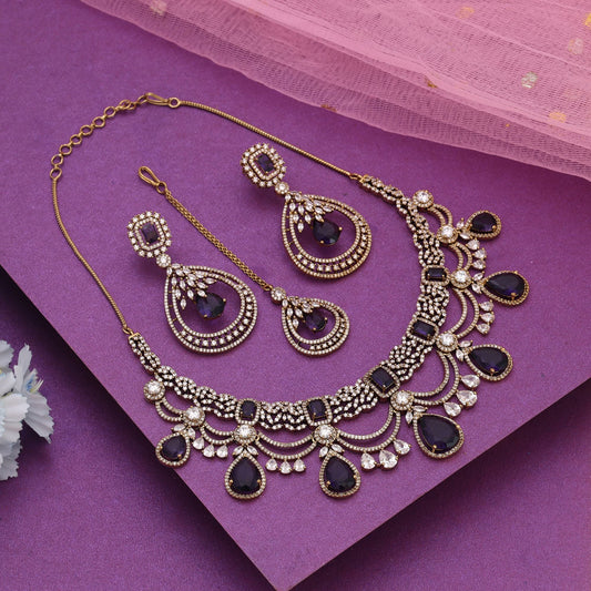 Purple Color American Diamond Necklace Set Designed For Elegant Festive And Party Wear