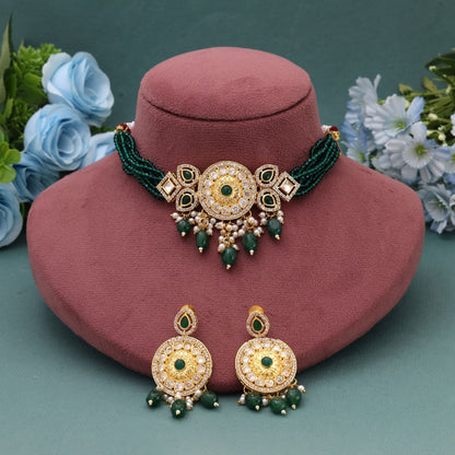 Green Color Choker American Diamond Necklace Set Styled For Modern Bridal Looks