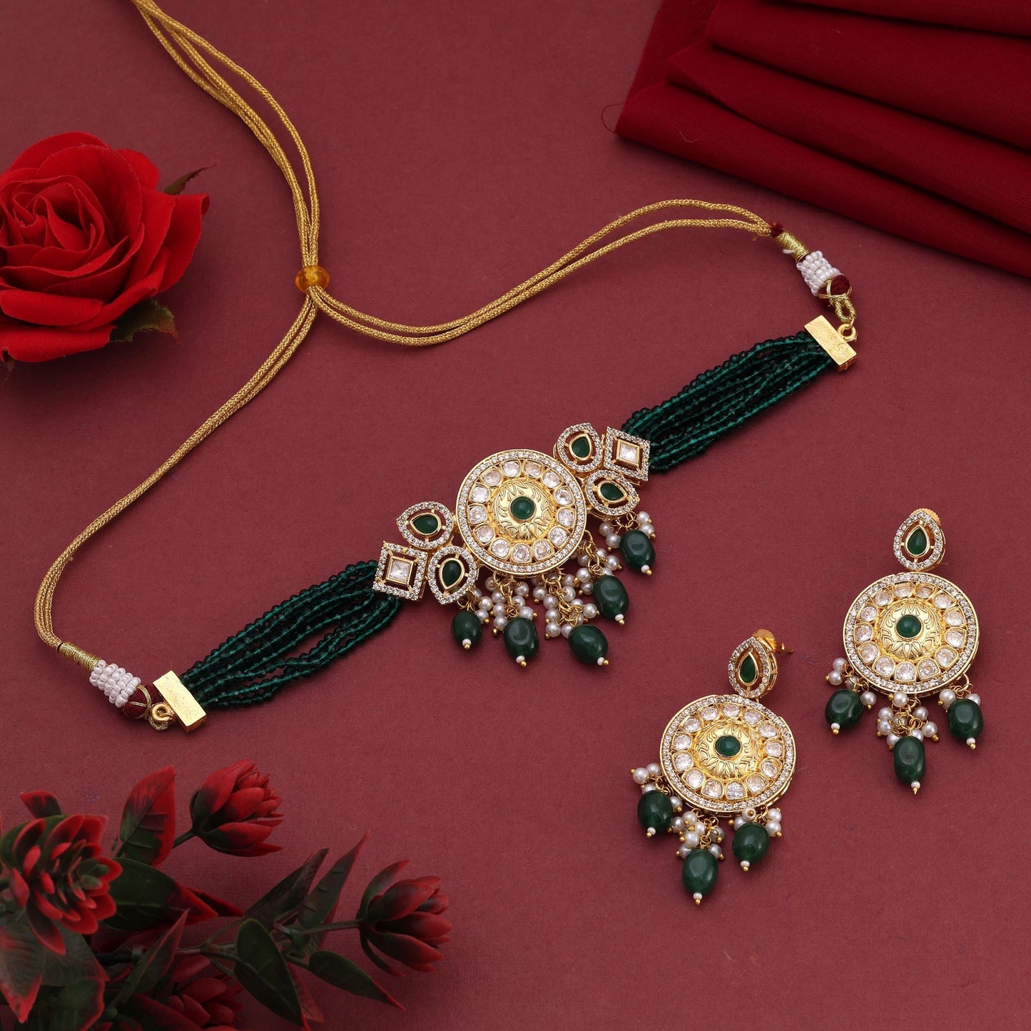 Green Color Choker American Diamond Necklace Set Styled For Modern Bridal Looks