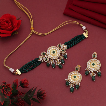 Green Color Choker American Diamond Necklace Set Styled For Modern Bridal Looks