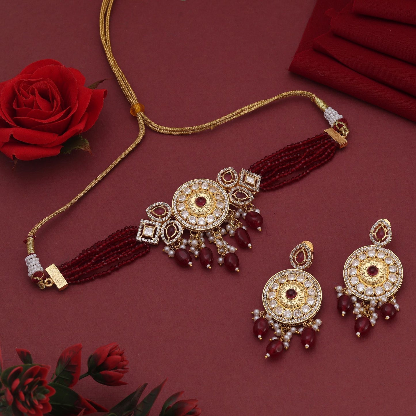Maroon Color Choker American Diamond Necklace Set Crafted For Rich Festive Styling