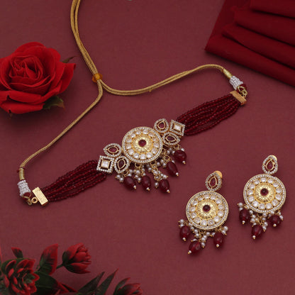 Maroon Color Choker American Diamond Necklace Set Crafted For Rich Festive Styling
