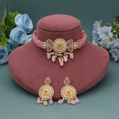 Pink Color Choker American Diamond Necklace Set Designed For Trendy Ethnic Fashion