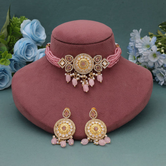 Pink Color Choker American Diamond Necklace Set Designed For Trendy Ethnic Fashion