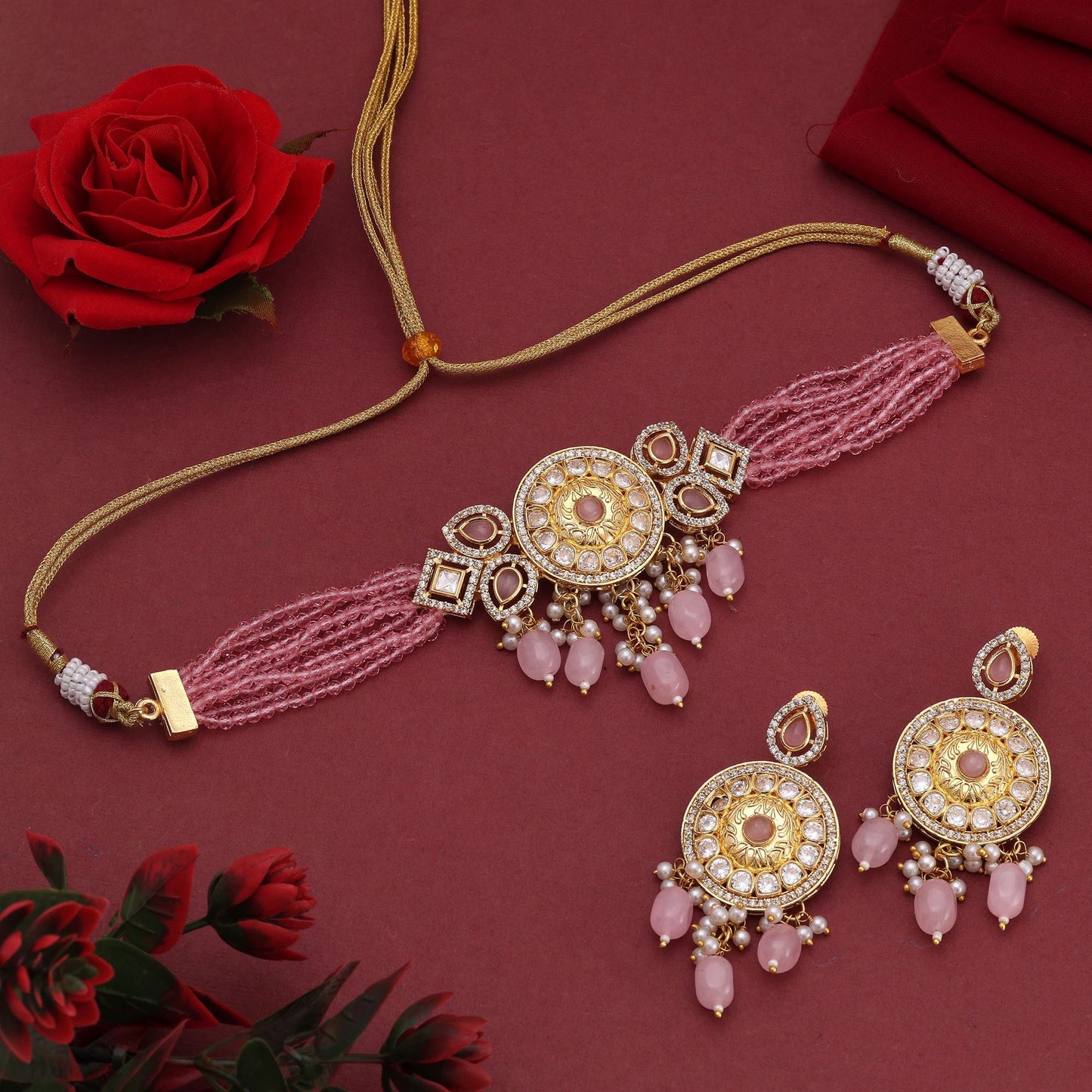 Pink Color Choker American Diamond Necklace Set Designed For Trendy Ethnic Fashion