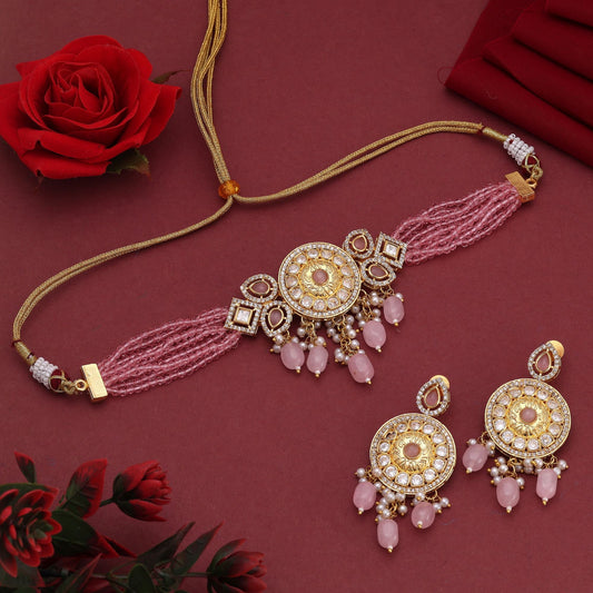 Pink Color Choker American Diamond Necklace Set Designed For Trendy Ethnic Fashion