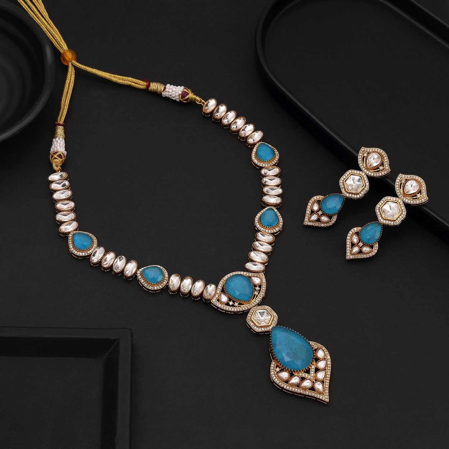 Firozi Color Long American Diamond Necklace Set Designed For Grand Traditional Wear