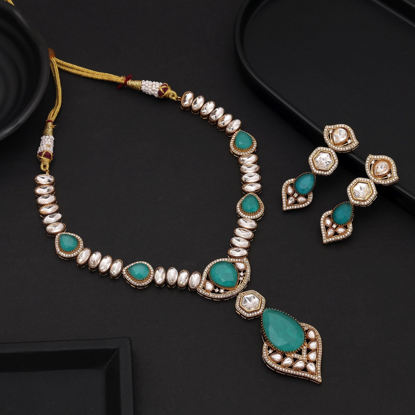 Light Green Color Long American Diamond Necklace Set Offering Soft Elegant Charm