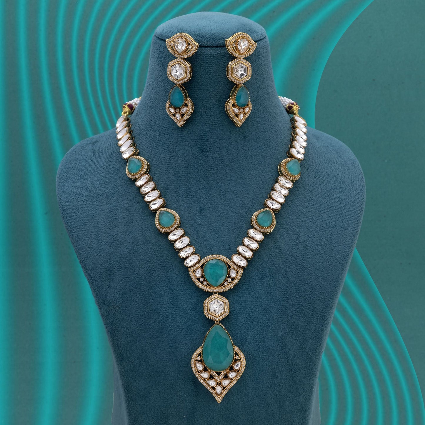 Light Green Color Long American Diamond Necklace Set Offering Soft Elegant Charm