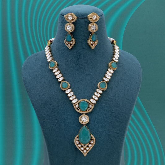 Light Green Color Long American Diamond Necklace Set Offering Soft Elegant Charm