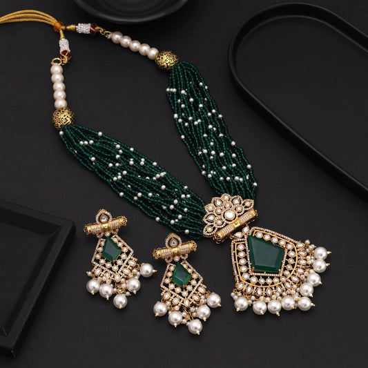 Green Color Long American Diamond Necklace Set Inspired By Classic Bridal Jewellery