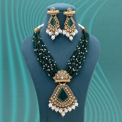 Green Color Long American Diamond Necklace Set Inspired By Classic Bridal Jewellery
