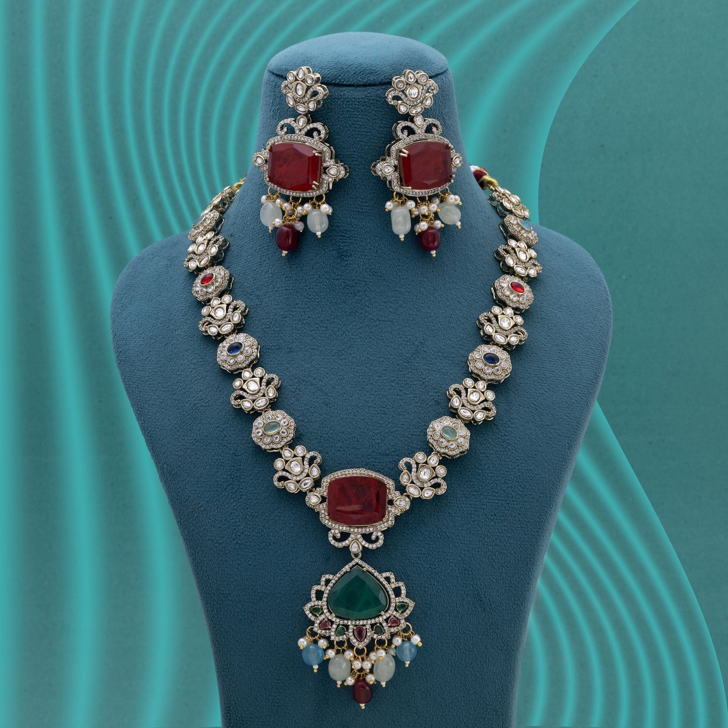 Multi Color Long American Diamond Necklace Set With Vibrant Stones And Luxury Finish