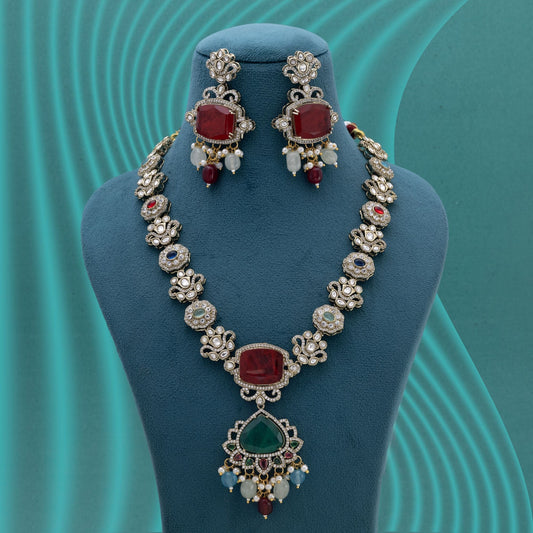 Multi Color Long American Diamond Necklace Set With Vibrant Stones And Luxury Finish