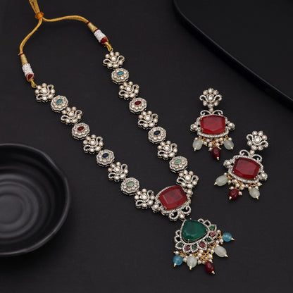 Multi Color Long American Diamond Necklace Set With Vibrant Stones And Luxury Finish