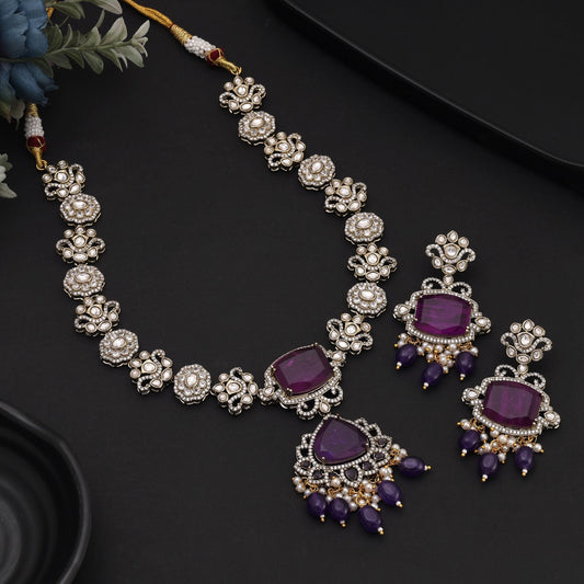 Purple Color Long American Diamond Necklace Set Crafted For Statement Festive Looks
