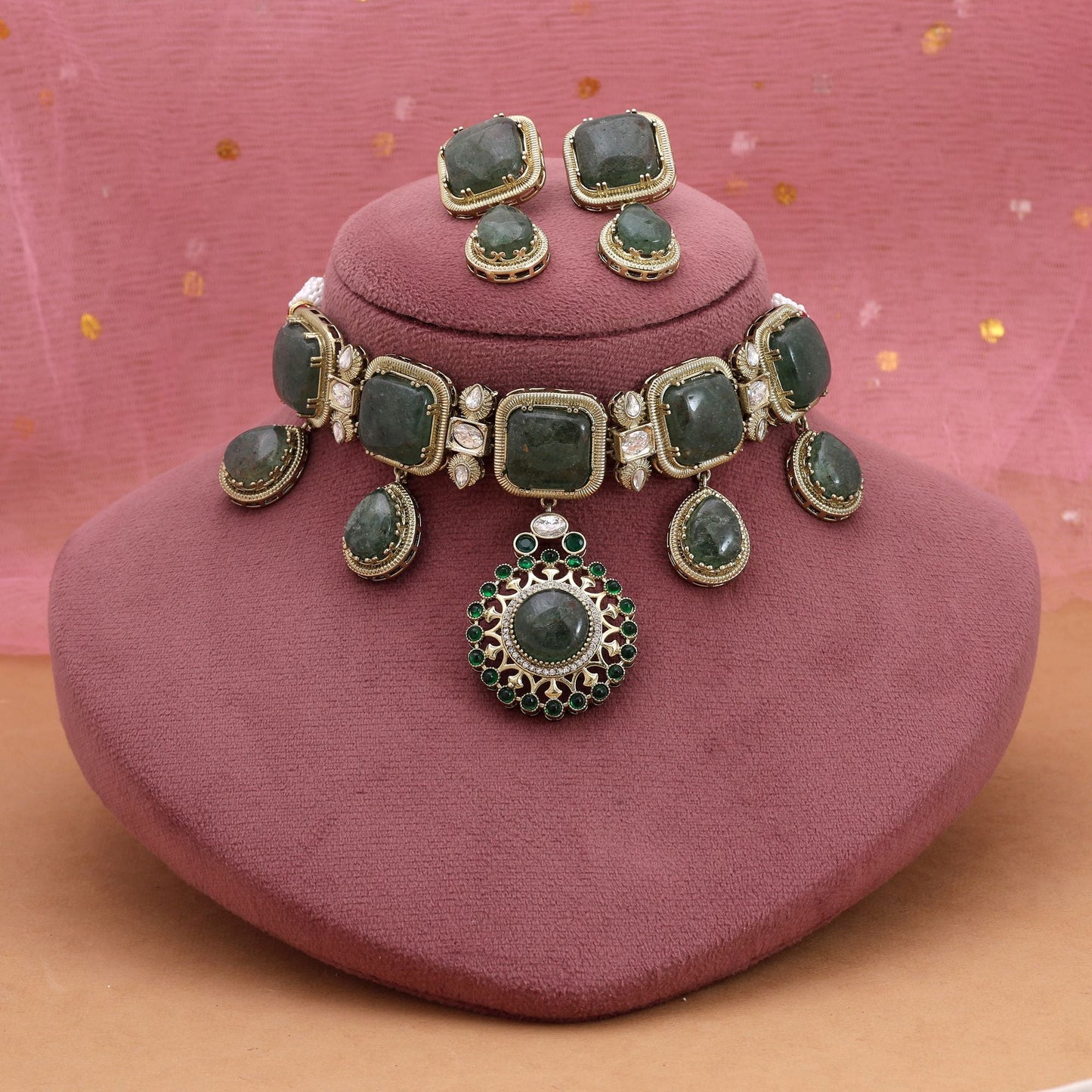 Green Color Choker American Diamond Necklace Set With Elegant Traditional Appeal