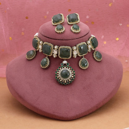 Green Color Choker American Diamond Necklace Set With Elegant Traditional Appeal