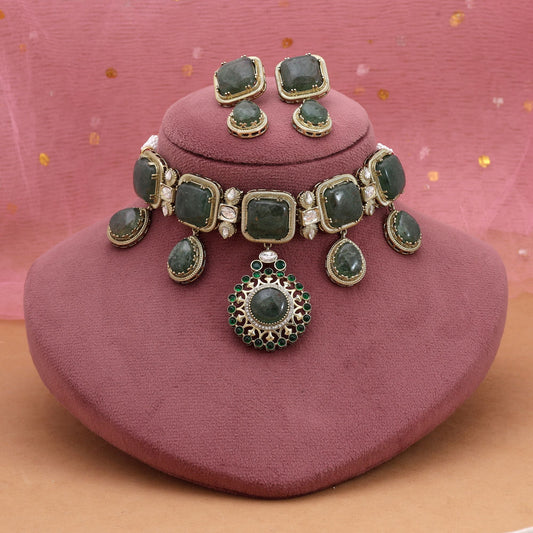 Green Color Choker American Diamond Necklace Set With Elegant Traditional Appeal
