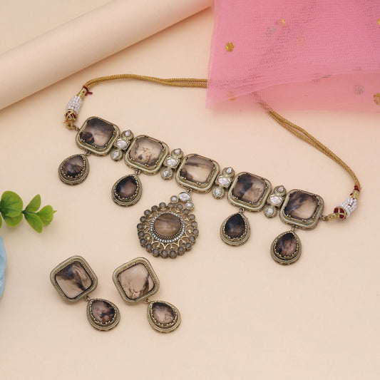 Grey Color Choker American Diamond Necklace Set Designed For Modern Ethnic Styling