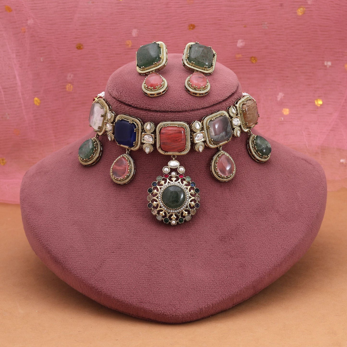 Multi Color Choker American Diamond Necklace Set Featuring Bold And Artistic Design