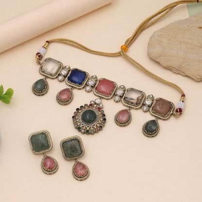 Multi Color Choker American Diamond Necklace Set Featuring Bold And Artistic Design