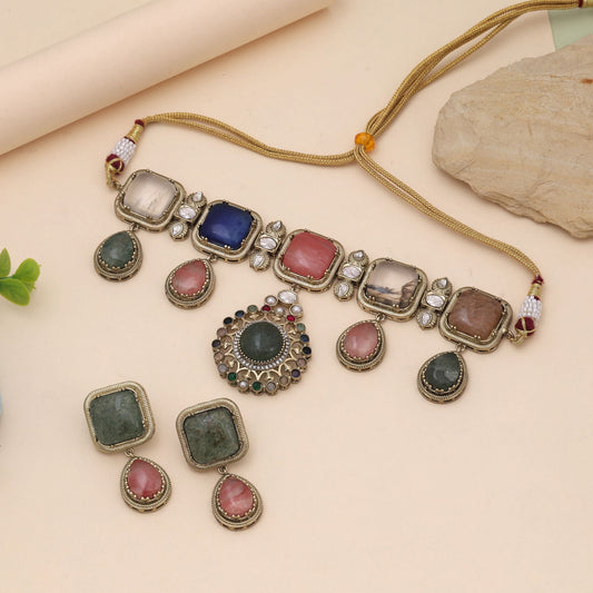 Multi Color Choker American Diamond Necklace Set Featuring Bold And Artistic Design