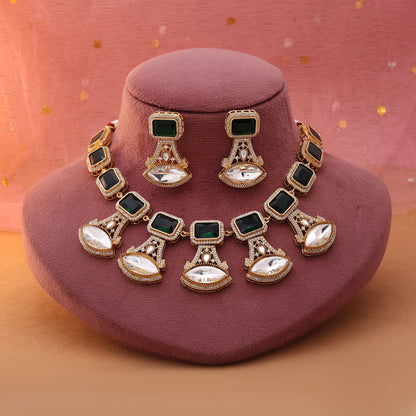 Green Color American Diamond Necklace Set Crafted For Elegant Cultural Occasions