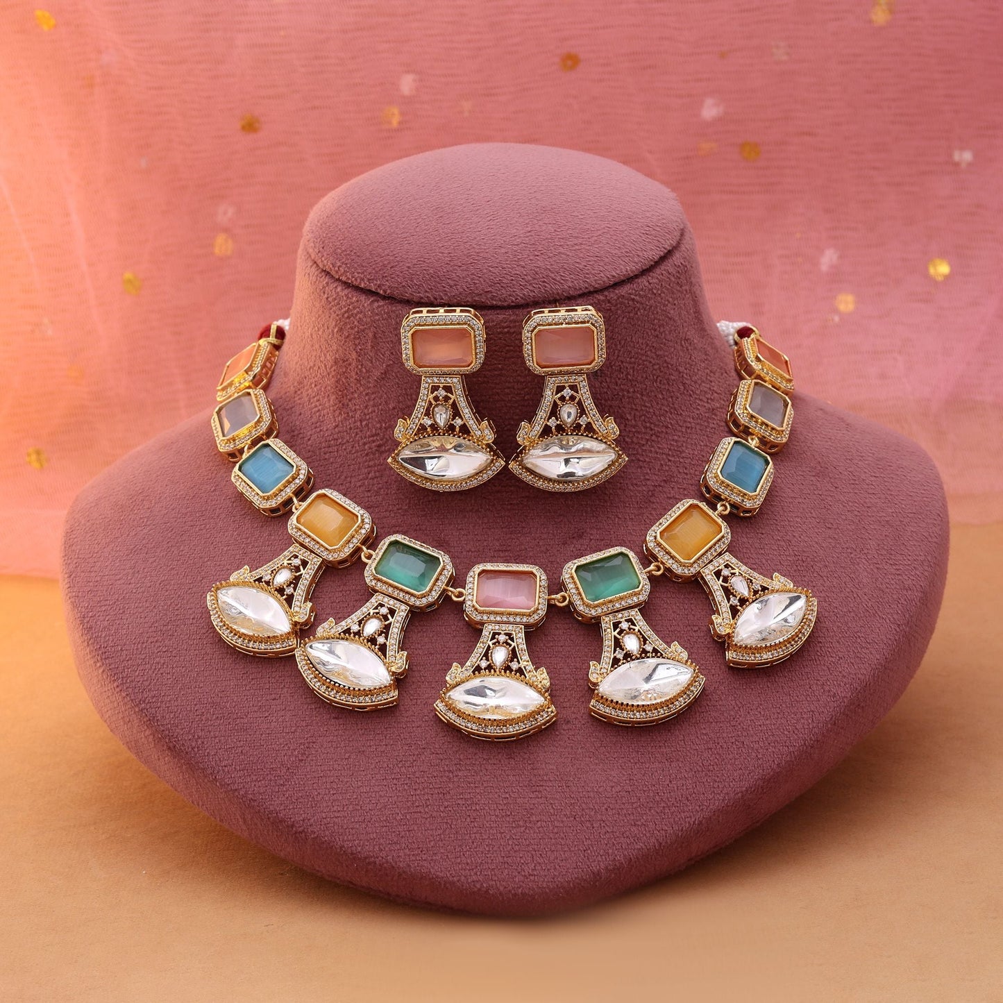 Multi Color American Diamond Necklace Set Designed For Festive And Wedding Wear