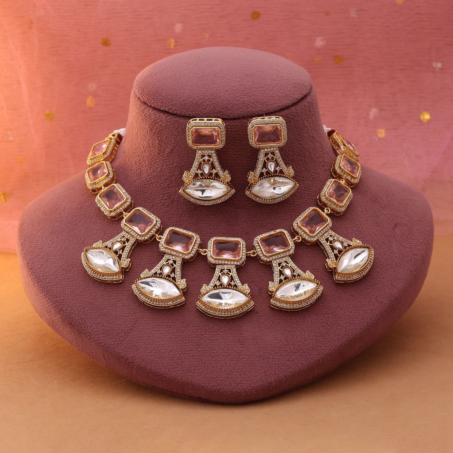 Pink Color American Diamond Necklace Set Offering Graceful Shine For Celebrations