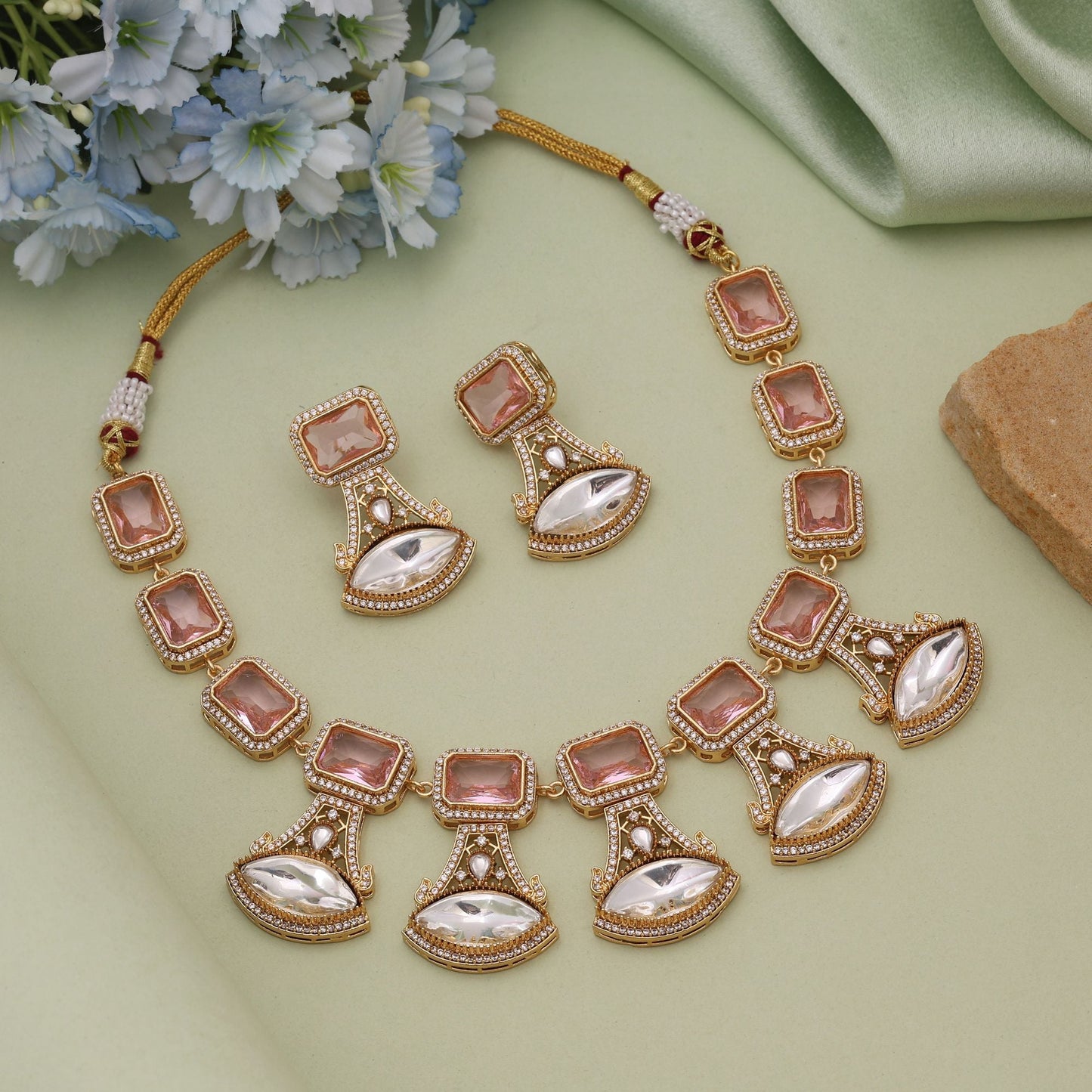 Pink Color American Diamond Necklace Set Offering Graceful Shine For Celebrations