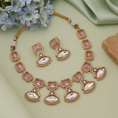 Pink Color American Diamond Necklace Set Offering Graceful Shine For Celebrations