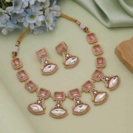 Pink Color American Diamond Necklace Set Offering Graceful Shine For Celebrations