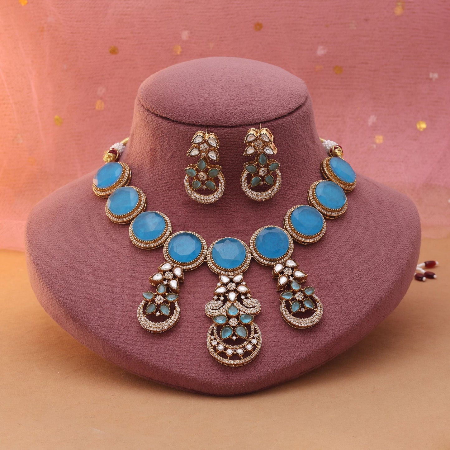 Firozi Color American Diamond Necklace Set Featuring Refreshing Hue And Sparkle