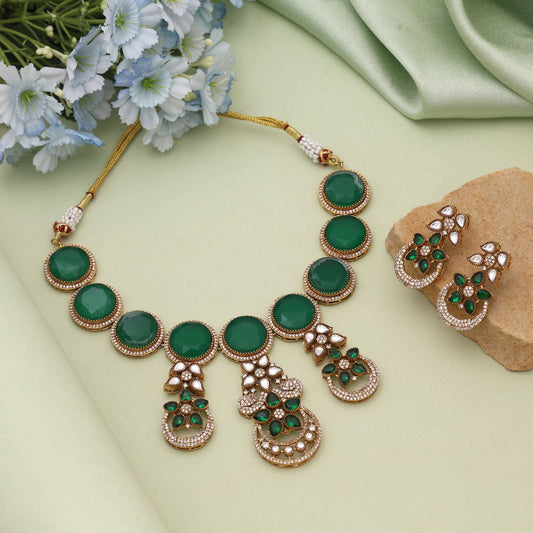 Green Color American Diamond Necklace Set Designed For Timeless Traditional Styling
