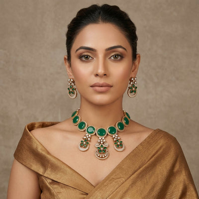 Green Color American Diamond Necklace Set Designed For Timeless Traditional Styling