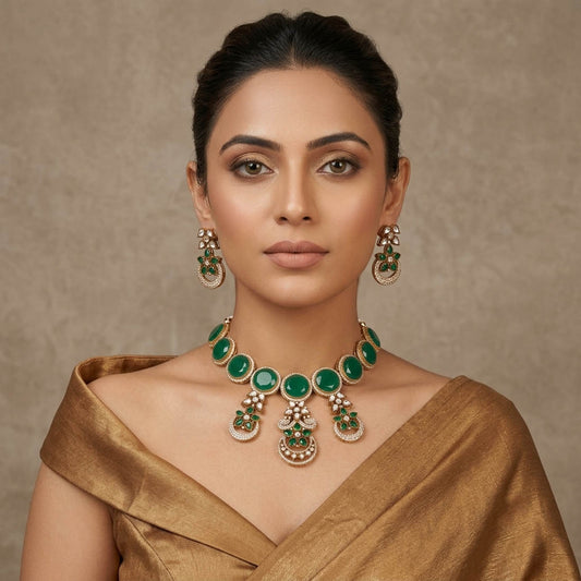 Green Color American Diamond Necklace Set Designed For Timeless Traditional Styling