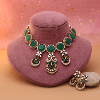 Green Color American Diamond Necklace Set Designed For Timeless Traditional Styling