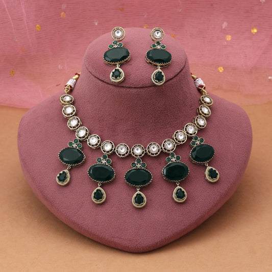 Green Color American Diamond Necklace Set With Premium Finish For Festive Looks