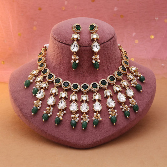 Green Color American Diamond Necklace Set Featuring Rich Tone And Diamond Brilliance