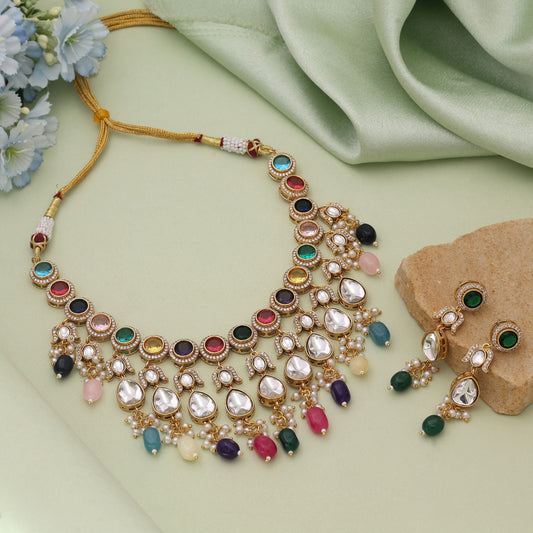 Multi Color American Diamond Necklace Set Designed For Vibrant Wedding Celebrations