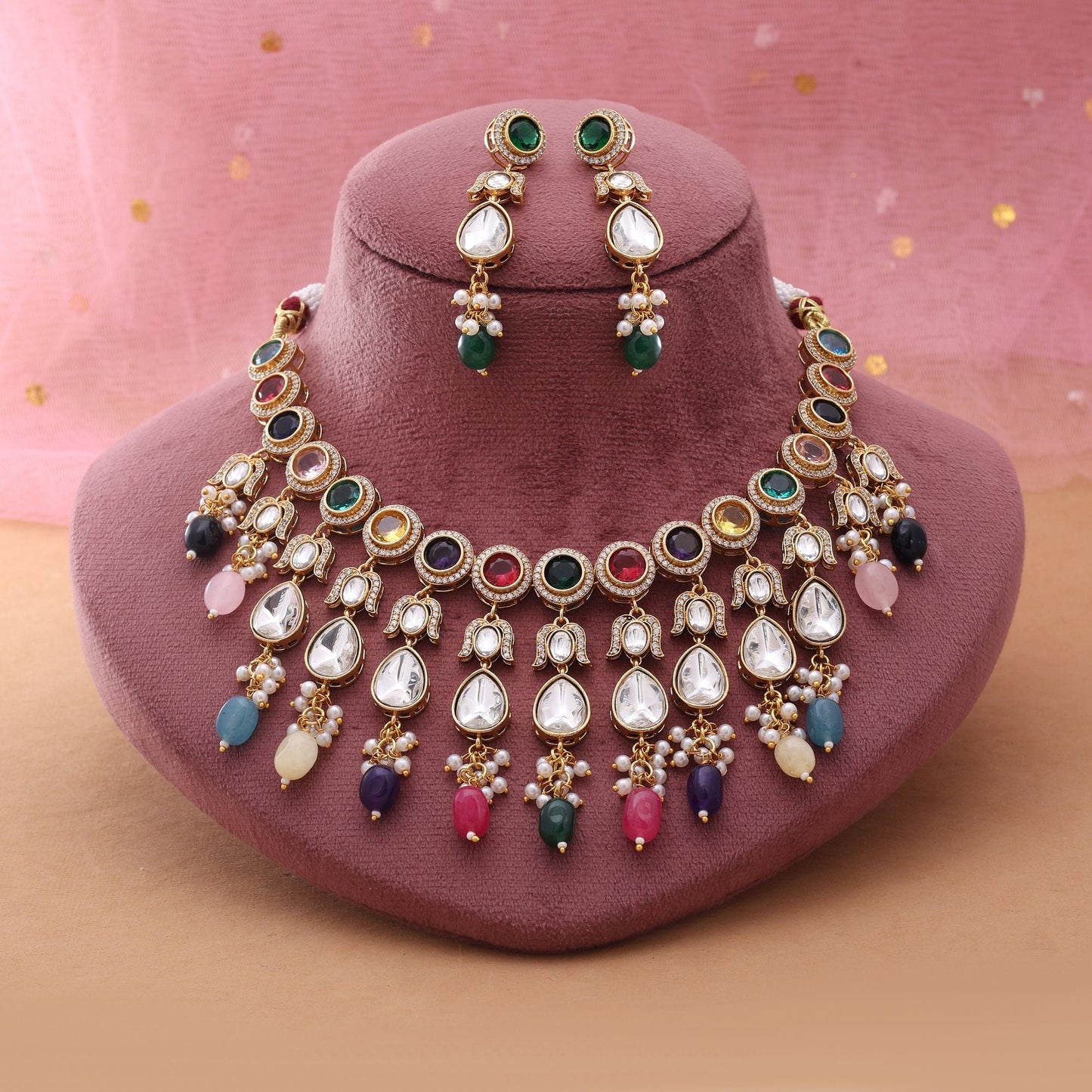 Multi Color American Diamond Necklace Set Designed For Vibrant Wedding Celebrations