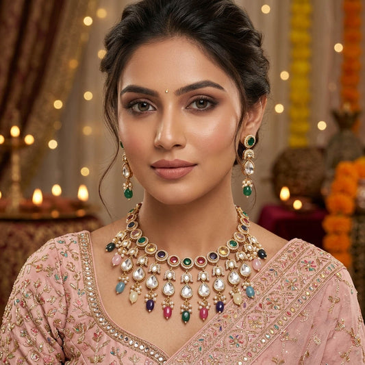 Multi Color American Diamond Necklace Set Designed For Vibrant Wedding Celebrations