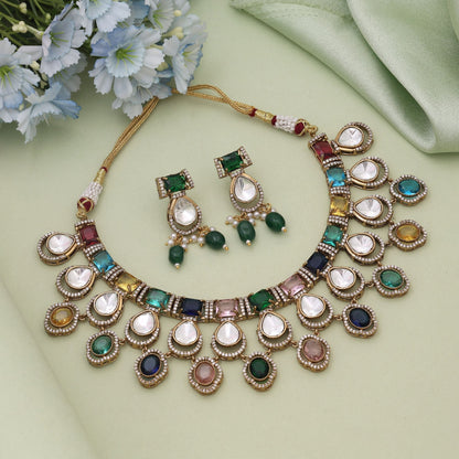 Multi Color American Diamond Necklace Set Created For Grand Festive Jewellery Styling