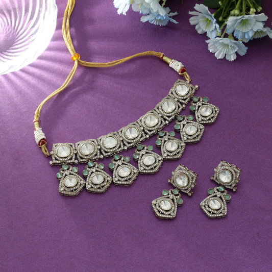 Pista Green Color Choker American Diamond Necklace Set Elegant Bridal Statement Jewelry