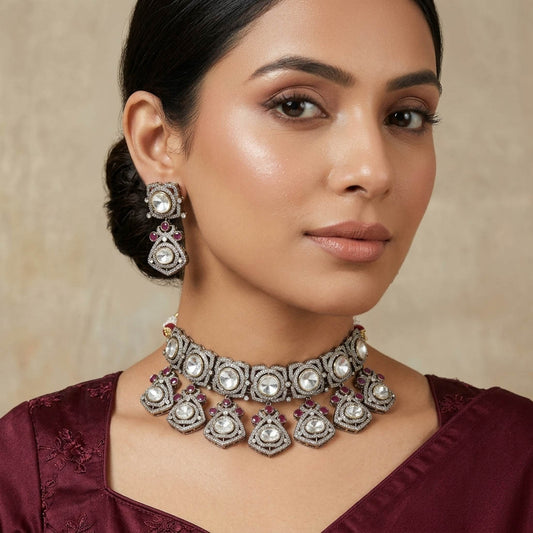 Rani Color Choker American Diamond Necklace Set Royal Ethnic Party Wear Jewelry Design