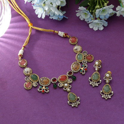 Multi Color American Diamond Necklace Set Stylish Festive Traditional Statement Jewelry