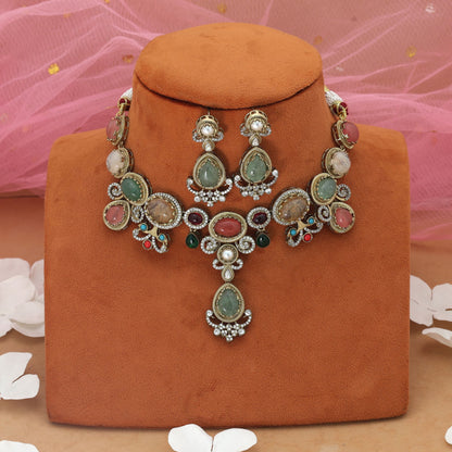 Multi Color American Diamond Necklace Set Stylish Festive Traditional Statement Jewelry